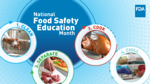 National Food Safety Education month that highlights clean, separate. cook, and chill food