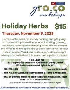 Herb Workshop November 9 from 2 to 4 pm