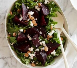 Beet salad with salad fork & spoon