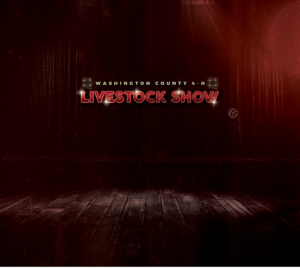 Stage with red curtains and red letters