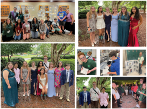 Pictured (clockwise from top) left to right: Back row-Alumni Lance Williams, Emma Haynes, Layla Stoudemire, Kendal Thornburg, Meg Wyatt; Front row: Meredith Potter, Sophia Bobbitt, Holly Thornburg, Mia Clark, Tia Iversen, William Kozak and Ayden Wyatt; Girls Gala photo; middle row: Kendal making paper; Ayden Making Paper; Valerie Poole presentation; Bottom row:Gala photo-Group, girls and boys; Boys Gala photo; Candid shot of kids around NCSU symbol.
