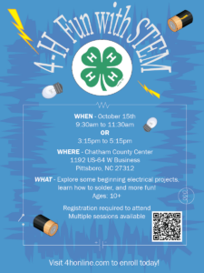 Blue background, 4-H Fun with STEM, 4-H Clover on white background.