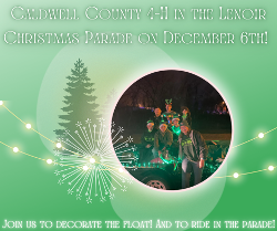 Christmas Parade flyer with light green background, a Christmas tree, the time and date of event and a circle with a picture of last years 4-H Christmas float with 6 kids on it