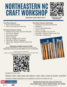 flyer with pencils describing the Northeaster NC 2025 Craft Workshop on May 2 & 3