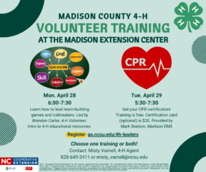 Light blue flyer with training details. Green chalkboard team building icon and red heart CPR icon.