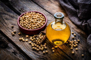Close up view of a glass bottle filled with soy oil shot on rustic wooden table. A bowl with dried soybeand complete the composition Plant-based nutrition concept. High resolution 42Mp studio digital capture taken with Sony A7rII and Sony FE 90mm f2.8 macro G OSS lens