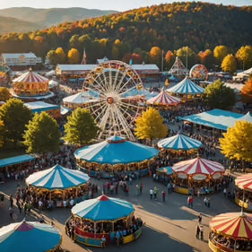 Photo of a ferris wheel at the fair with mountains and fall season colors in background.