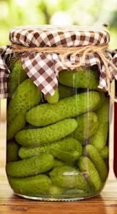 jar of pickles with brown and white cover