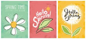 Flyer welcoming Spring with different colored blocks and flowers