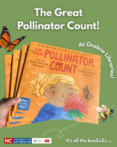 Image features The Great Pollinator Count book along with a bee and butterfly.