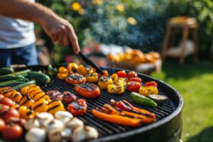vegetables on a grill with a hand turning them with a tong