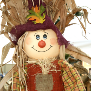 Image features a scarecrow with fall decorations