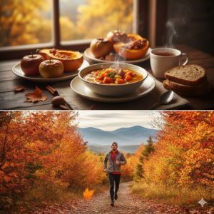 AI Gemini generated split image contrasting two scenes of fall health. The top panel shows a cozy indoor setting with a bowl of steaming vegetable soup, sliced squash, and baked apples on a wooden table by a window overlooking autumn trees. The bottom panel shows a man running on a dirt path through a vibrant forest with bright orange and yellow fall leaves.