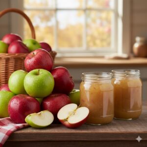 Photograph of red and green apples in a basket next to two jars of applesauce sitting on a kitchen counter in front of a window.